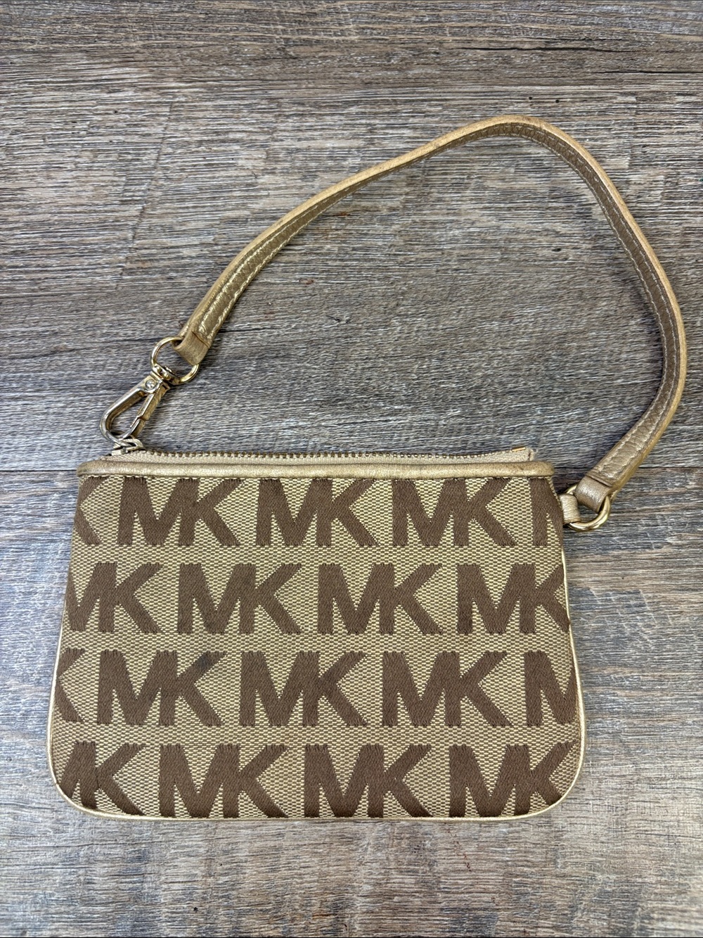 Michael Kors MK Logo Jacquard Wristlet Pouch Gold Beige